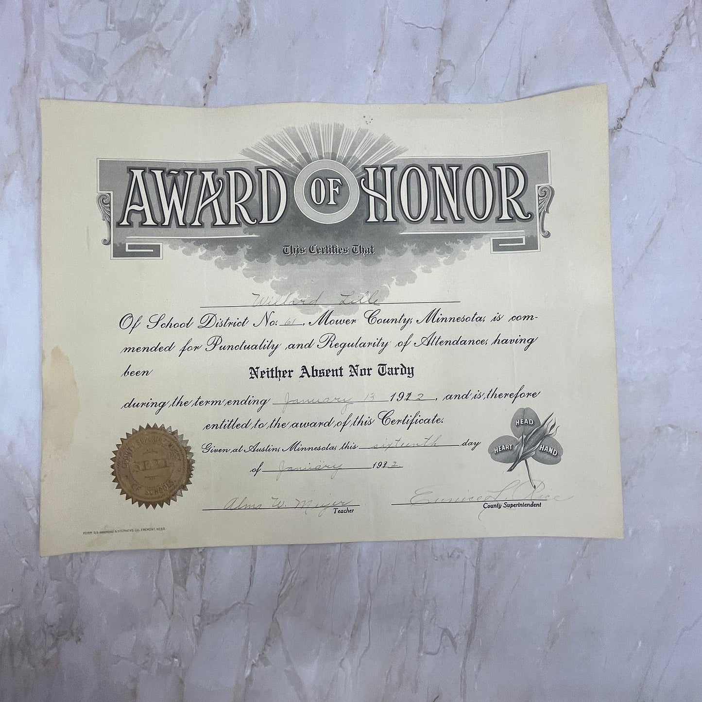 1912 Attendance Award Willard Lille Austin Minnesota Alma W. Meyer FL6-1