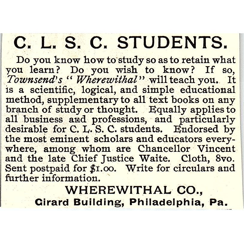 C.L.S.C. Students Townsend's Wherewithal Co Philadelphia 1892 Ad AG2-M19