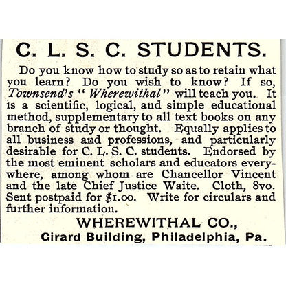 C.L.S.C. Students Townsend's Wherewithal Co Philadelphia 1892 Ad AG2-M19