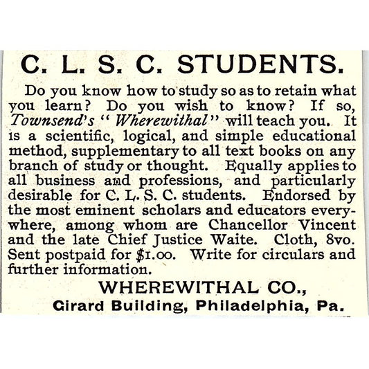 C.L.S.C. Students Townsend's Wherewithal Co Philadelphia 1892 Ad AG2-M19