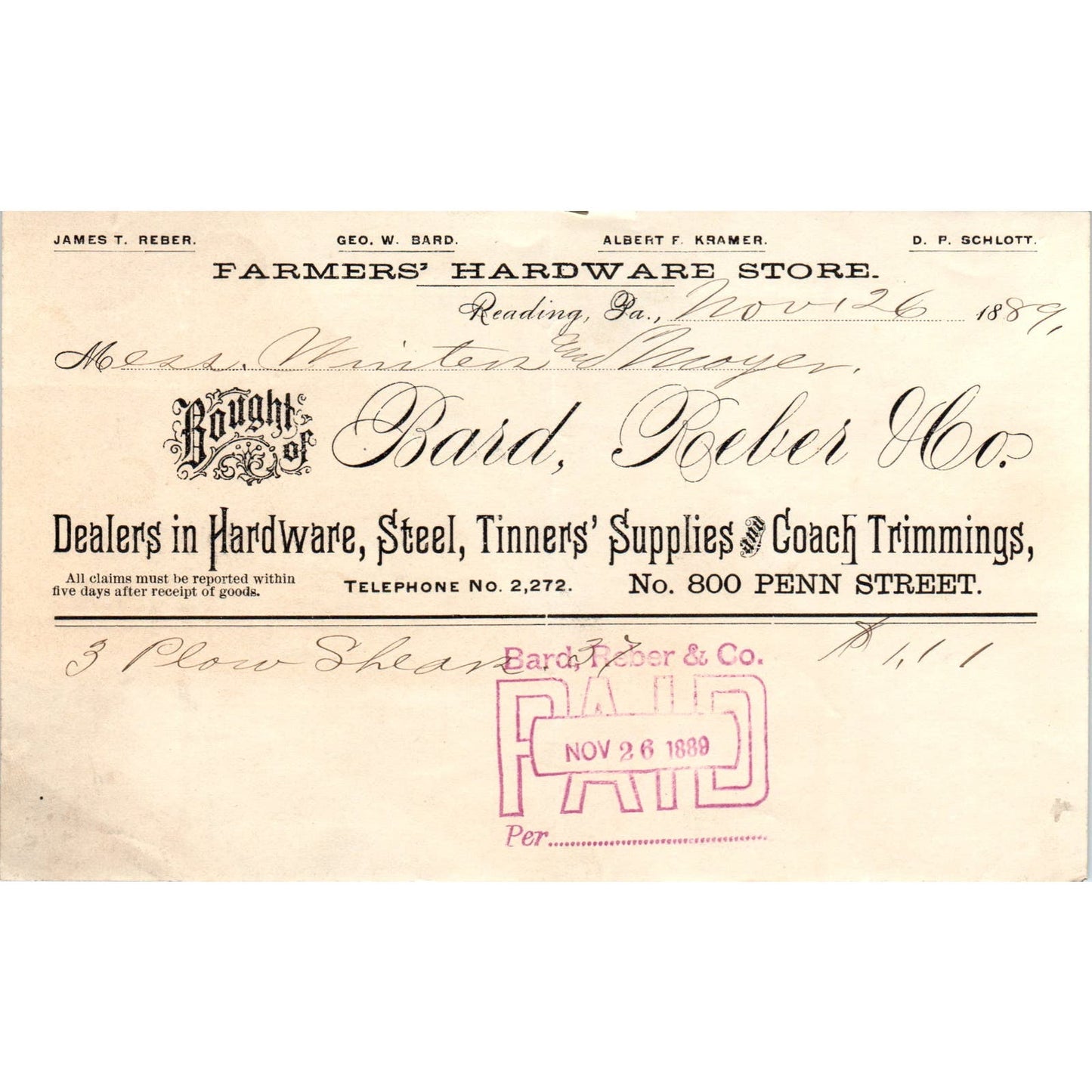 1889 Bard, Reber Co Hardware Reading PA Original Billhead Letterhead Receipt AE7