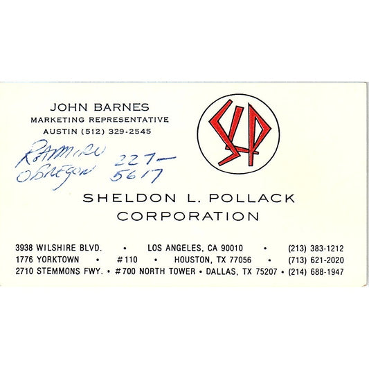 Shelldon L Pollack Corp. John Barnes Houston Texas Vintage  Business Card SB4-B9