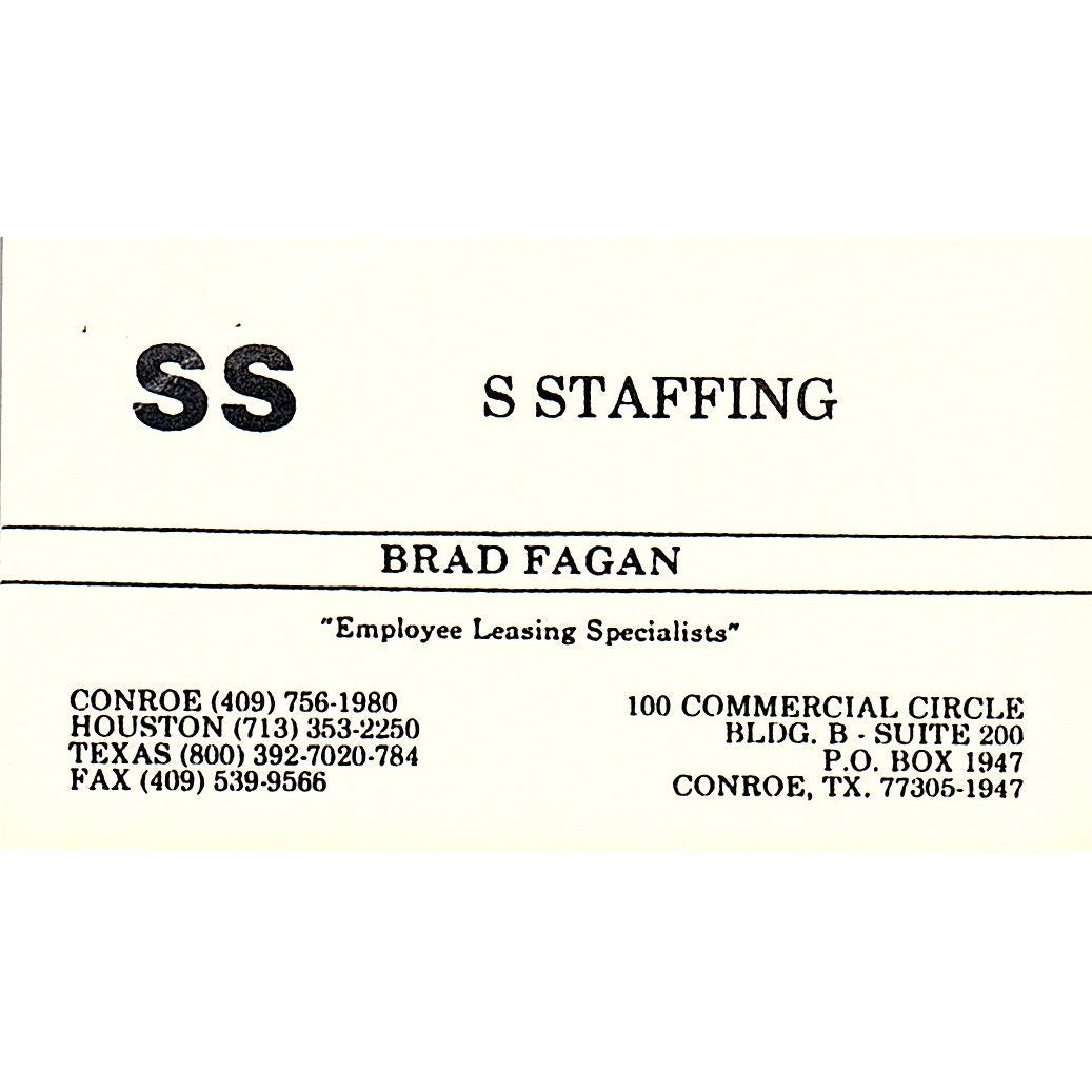 Brad Fagan SS Staffing Conroe TX Vintage Business Card SD9-B13
