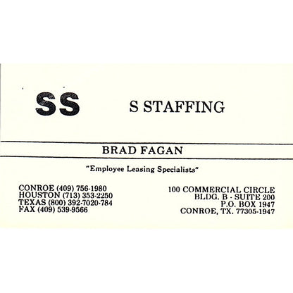 Brad Fagan SS Staffing Conroe TX Vintage Business Card SD9-B13