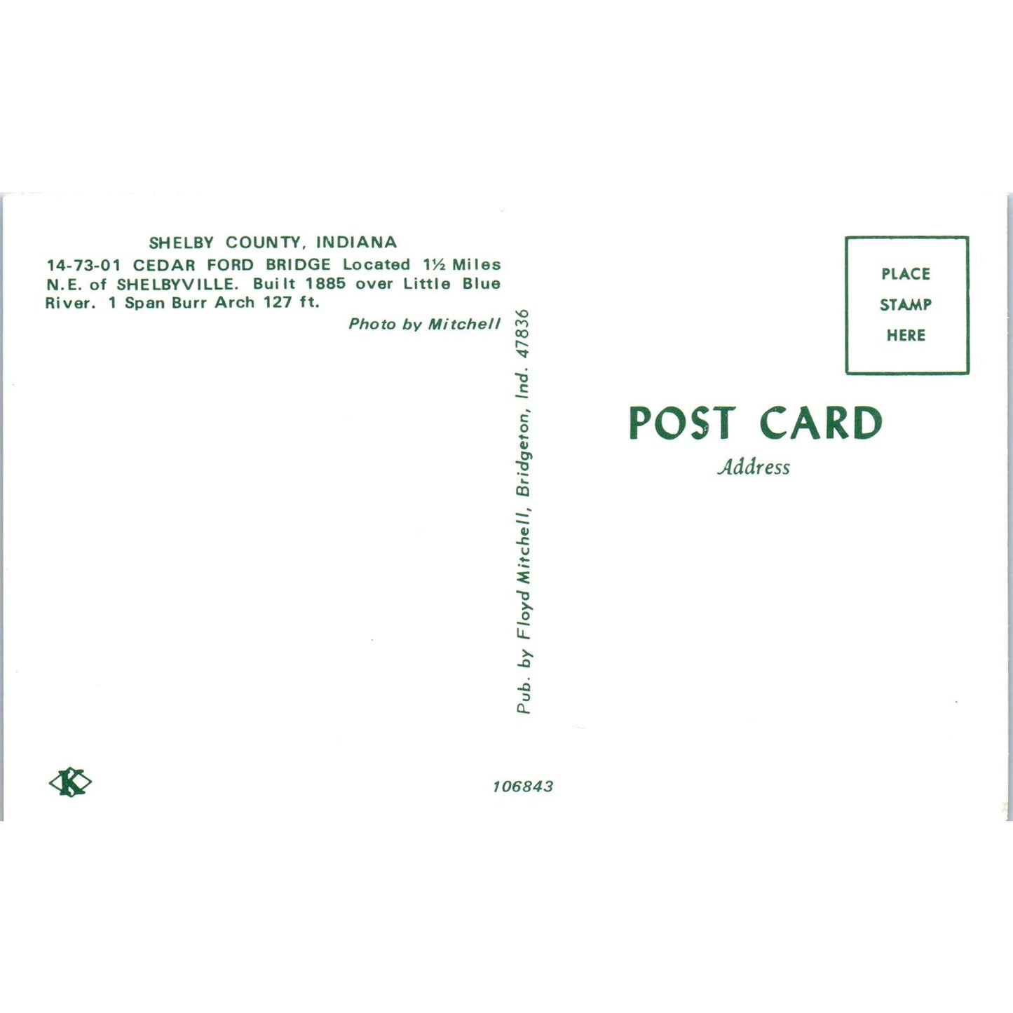 Cedar Ford Bridge Shelby County Indiana Covered Bridge Postcard PB10