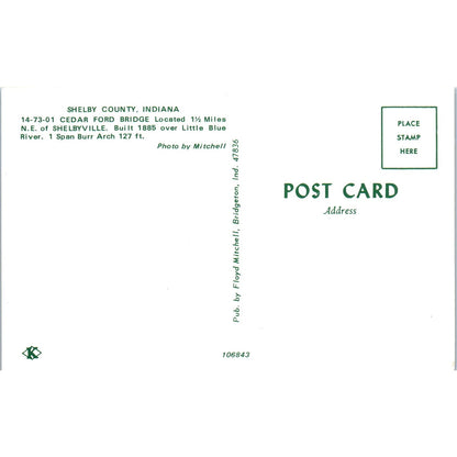 Cedar Ford Bridge Shelby County Indiana Covered Bridge Postcard PB10