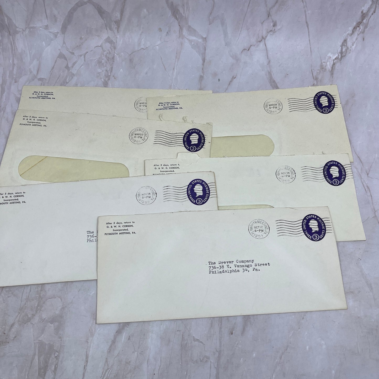 1950s Lot G. & W.H. Corson Inc. Plymouth Meeting Postal Cover Envelopes L4-4-13