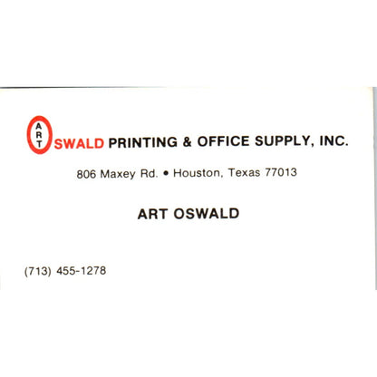 Art Oswald Printing & Office Supply Houston TX Vintage Business Card SE3-B4