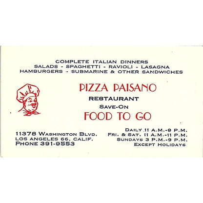 Pizza Paisano Italian Restaurant Los Angeles CA Vintage Business Card SSB4-B13