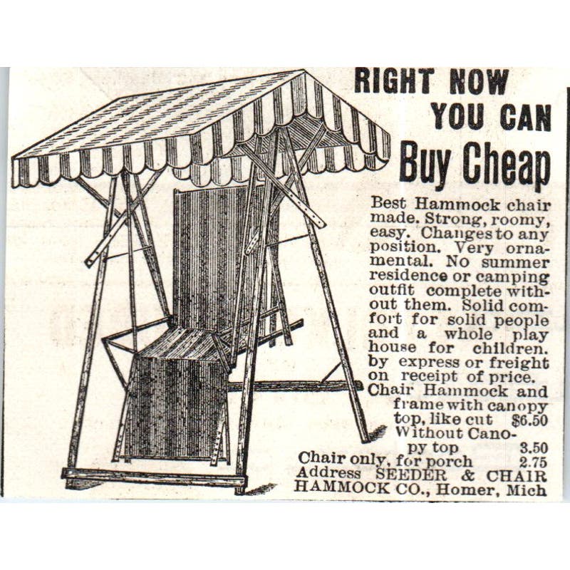Seeder Chair & Hammock Co Homer MI c1890 Victorian Ad AE8-CH9