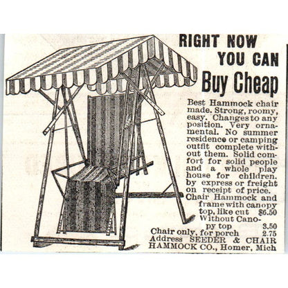 Seeder Chair & Hammock Co Homer MI c1890 Victorian Ad AE8-CH9