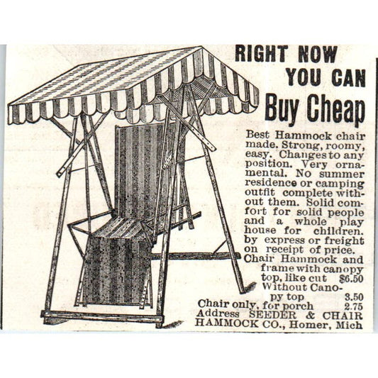 Seeder Chair & Hammock Co Homer MI c1890 Victorian Ad AE8-CH9
