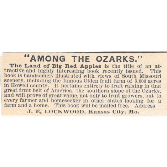 J.E. Lockwood Among the Ozarks Kansas City MO Promo 1892 Magazine Ad AK6-S2