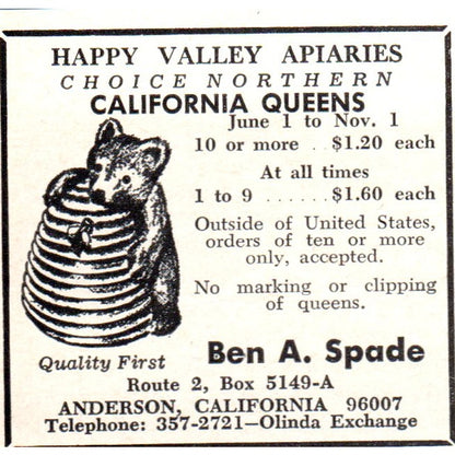 California Queens Ben A. Spade Anderson CA 1964 Magazine Ad AB6-S14