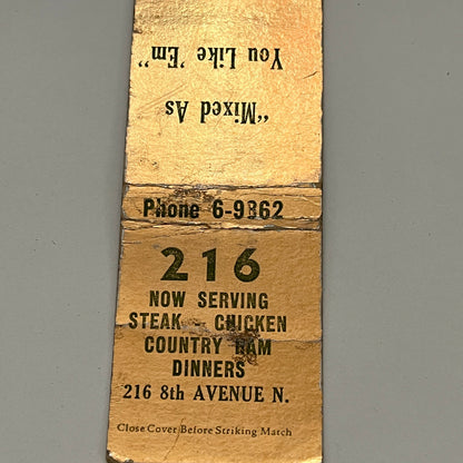 216 Restaurant 216 8th Ave N. Vintage Matchbook TB6-MB2-14
