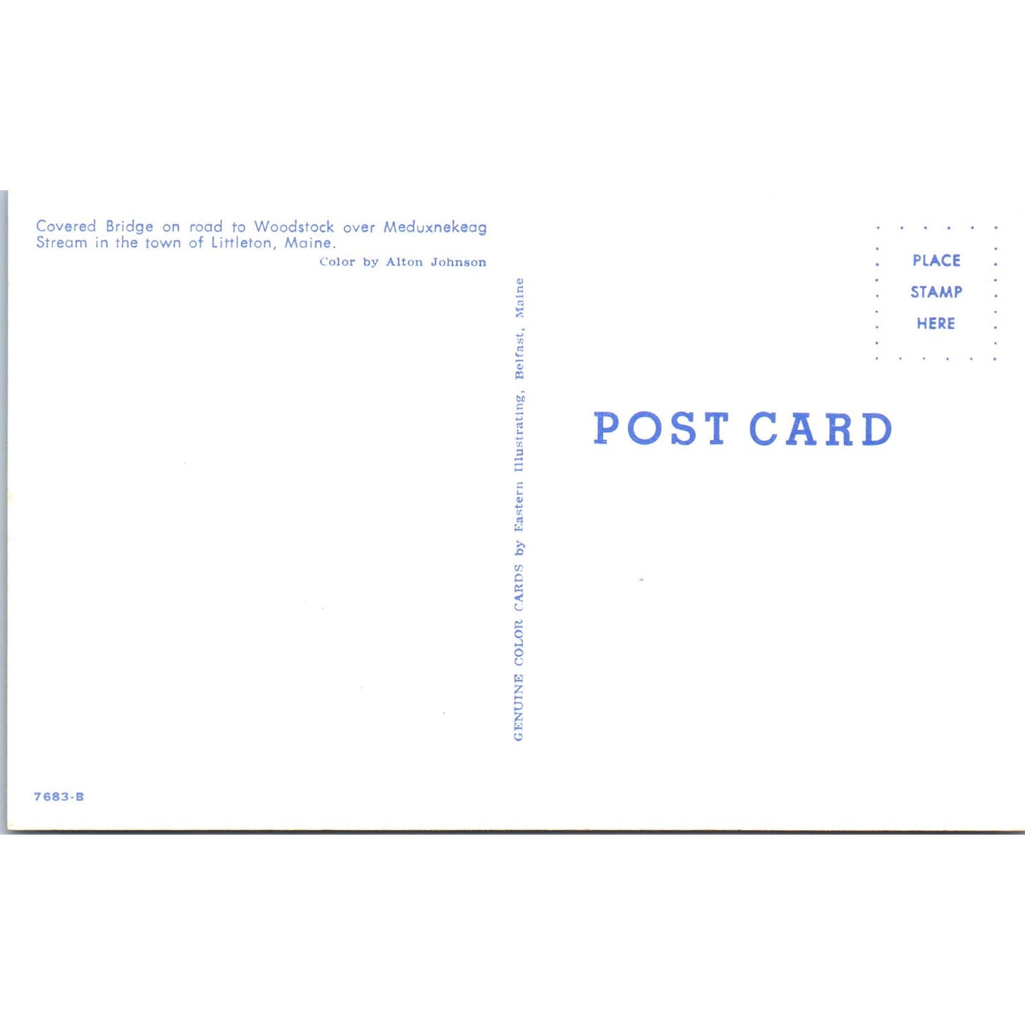 Meduxnekeag Stream Bridge Woodstock Littleton Maine Covered Bridge Postcard PB13