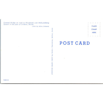 Meduxnekeag Stream Bridge Woodstock Littleton Maine Covered Bridge Postcard PB13