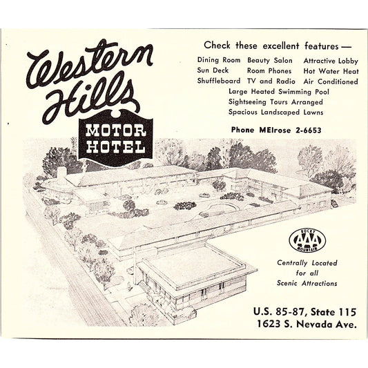 Western Hills Motor Hotel, Nevada Motel Colorado Springs CO 1958 Ad AG1-H2