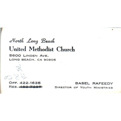Basel Rafeedy North Long Beach United Methodist Church Vtg Business Card SD8-B4