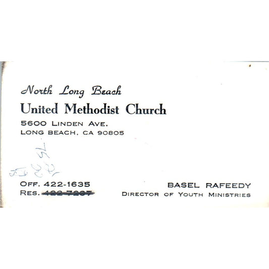 Basel Rafeedy North Long Beach United Methodist Church Vtg Business Card SD8-B4