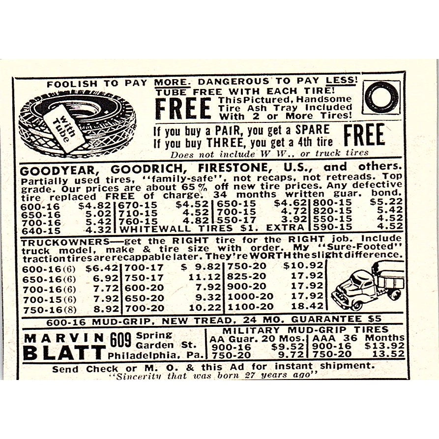 Marvin Blatt Tires Philadelphia PA 1955 Ad AF9-S5