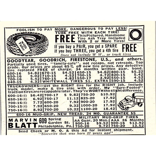 Marvin Blatt Tires Philadelphia PA 1955 Ad AF9-S5