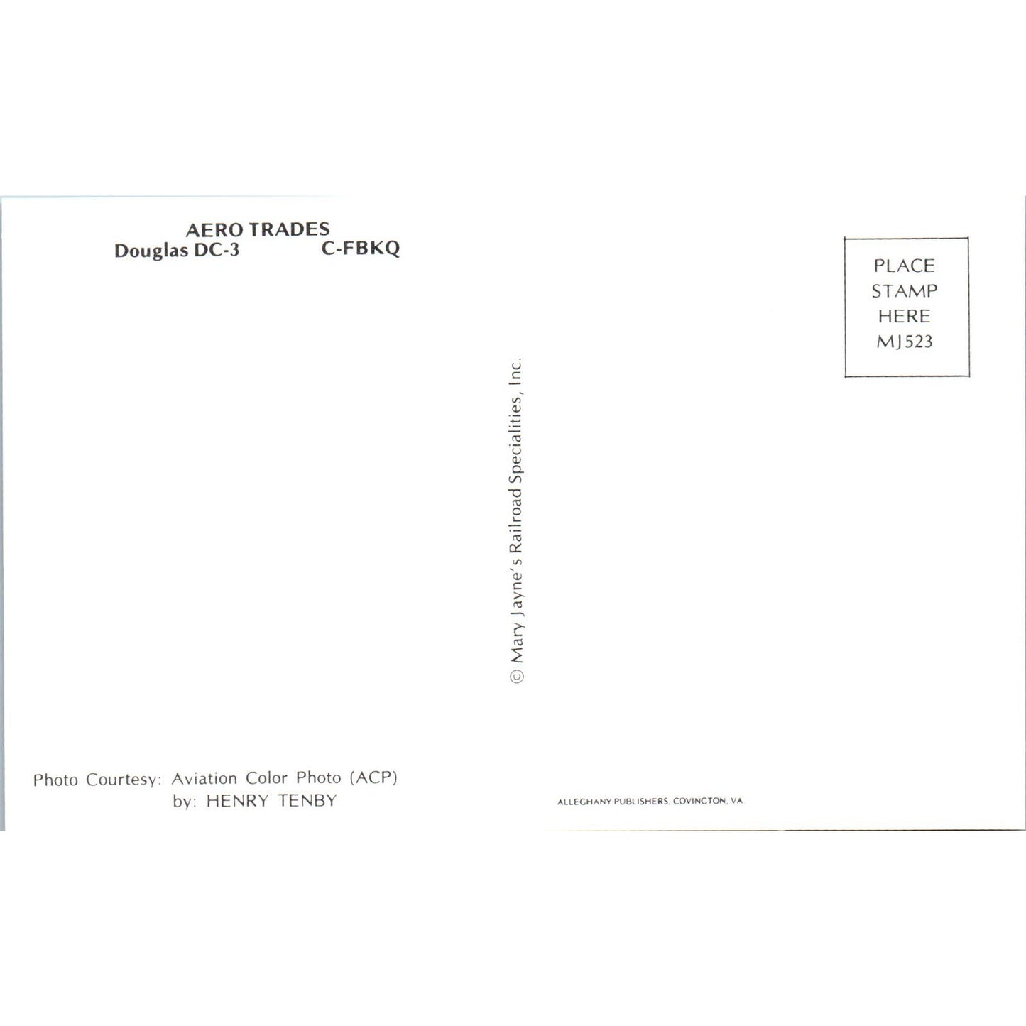 Aero Trades Douglas DC-3 C-FBKQ Vintage Postcard PC3