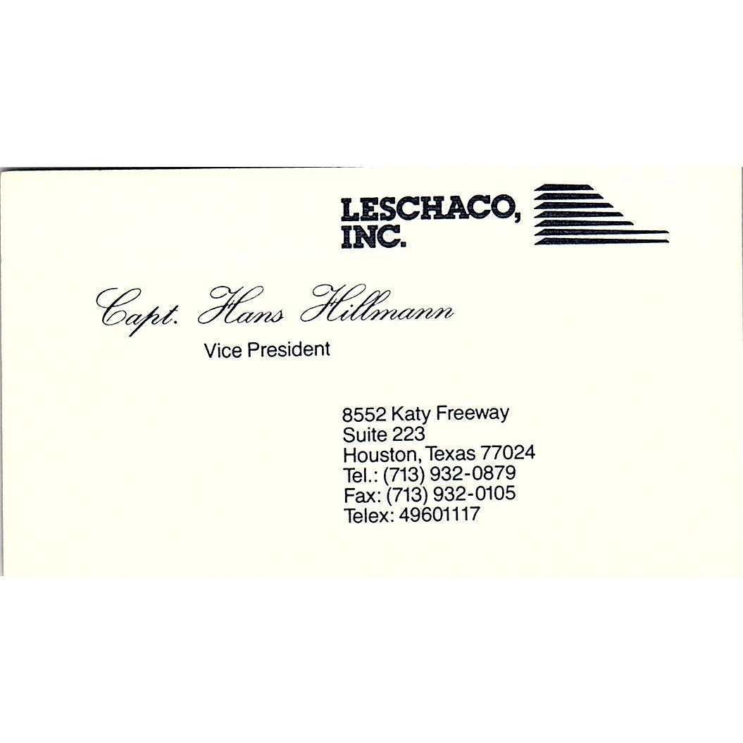 Capt Hans Hillman Leschaco Inc Houston Vintage Business Card SC9-B2