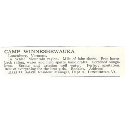Camp Winneshewauka Lunenburg VT Karl O. Balch c1918\ Advertisement AE5-SA11