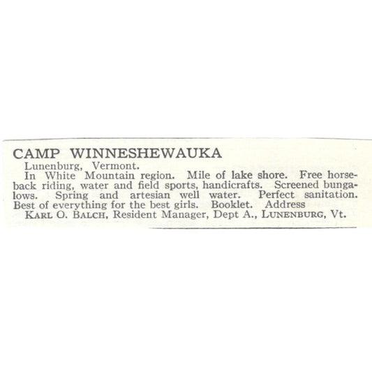 Camp Winneshewauka Lunenburg VT Karl O. Balch c1918\ Advertisement AE5-SA11