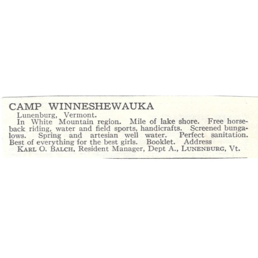 Camp Winneshewauka Lunenburg VT Karl O. Balch c1918 Advertisement AE5-SA11