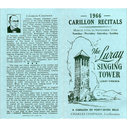 1966 Carillon Recitals The Luray Tower Charles Chapman VA Vtg Brochure TH2-TB3