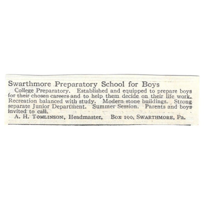 Swarthmore Preparatory School A.H. Tomlinson PA c1918 Advertisement AE5-SA9