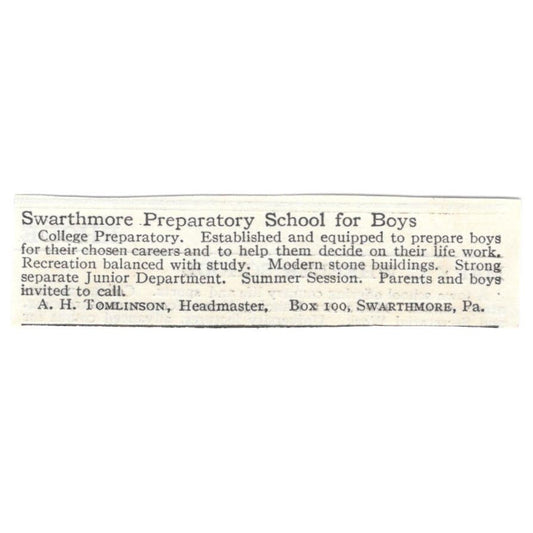 Swarthmore Preparatory School A.H. Tomlinson PA c1918 Advertisement AE5-SA9