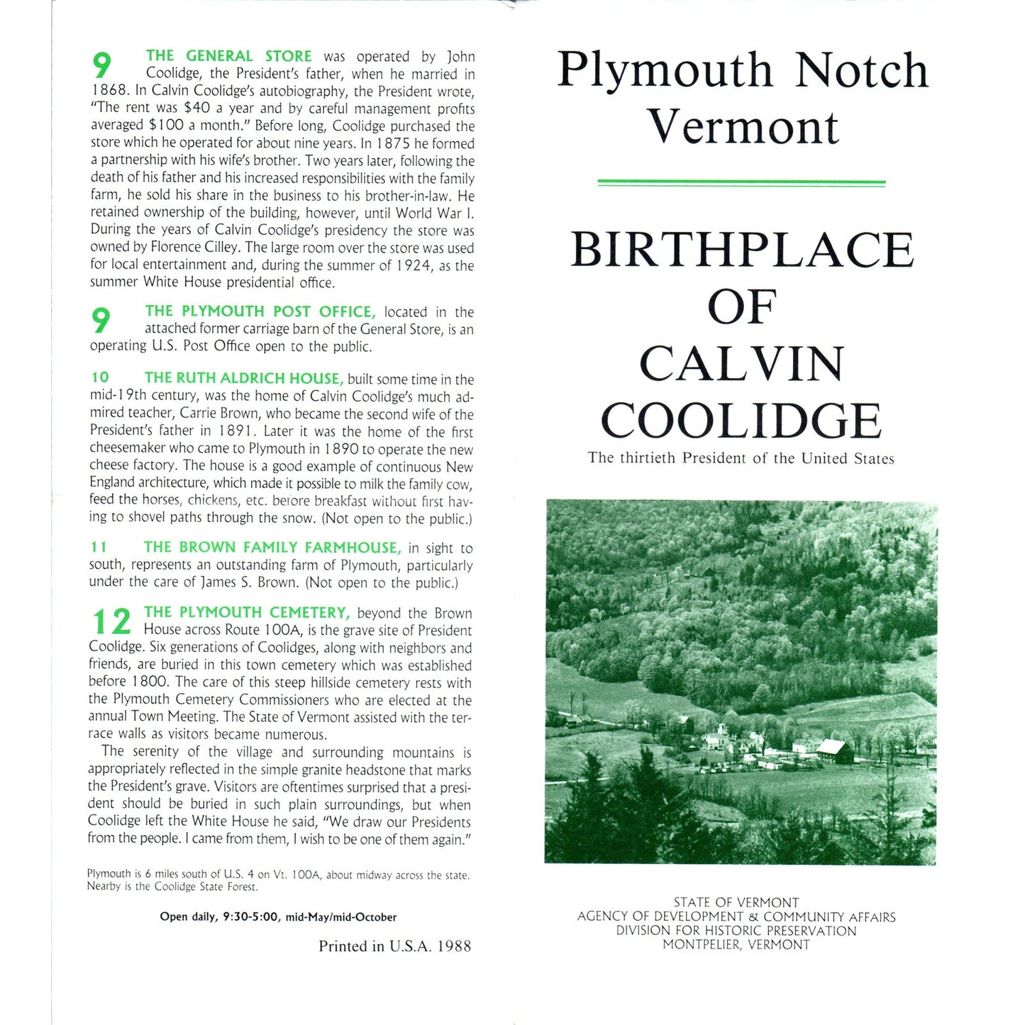 Vintage Plymouth Notch Vermont Birthplace of Calvin Coolidge Brochure TF4-B3