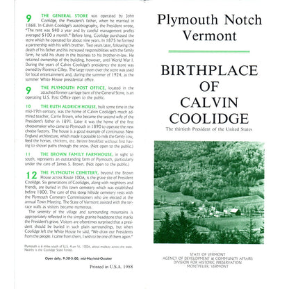 Vintage Plymouth Notch Vermont Birthplace of Calvin Coolidge Brochure TF4-B3