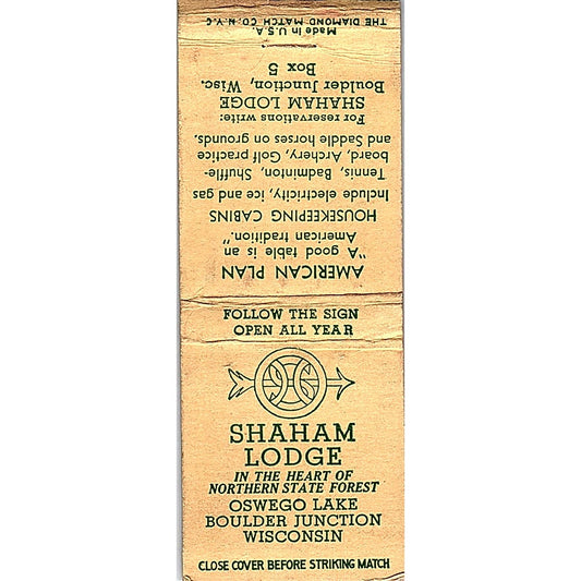 Shaham Lodge Oswego Lake Boulder Junction Vintage Matchbook Cover SF3-Y1