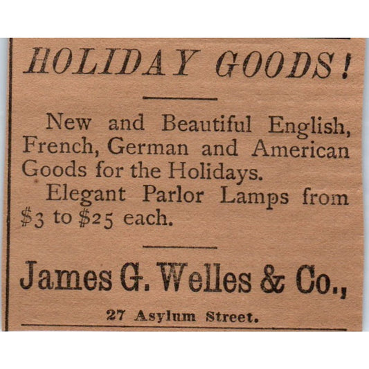 James G. Welles & Co Holiday Goods 1886 Hartford CT Victorian Ad AB8-HT1