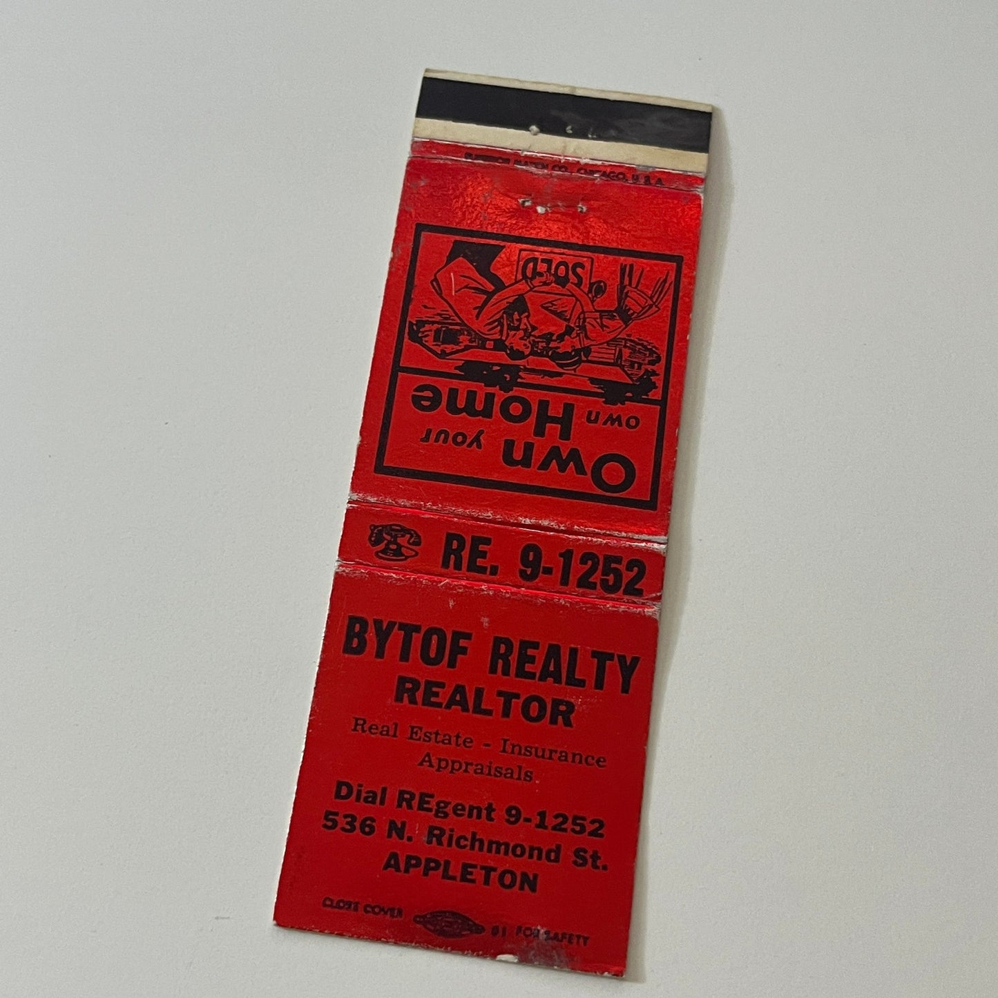 Bytof Realty Realtor Appleton WI Vintage Matchbook Cover TB6-MB2-5