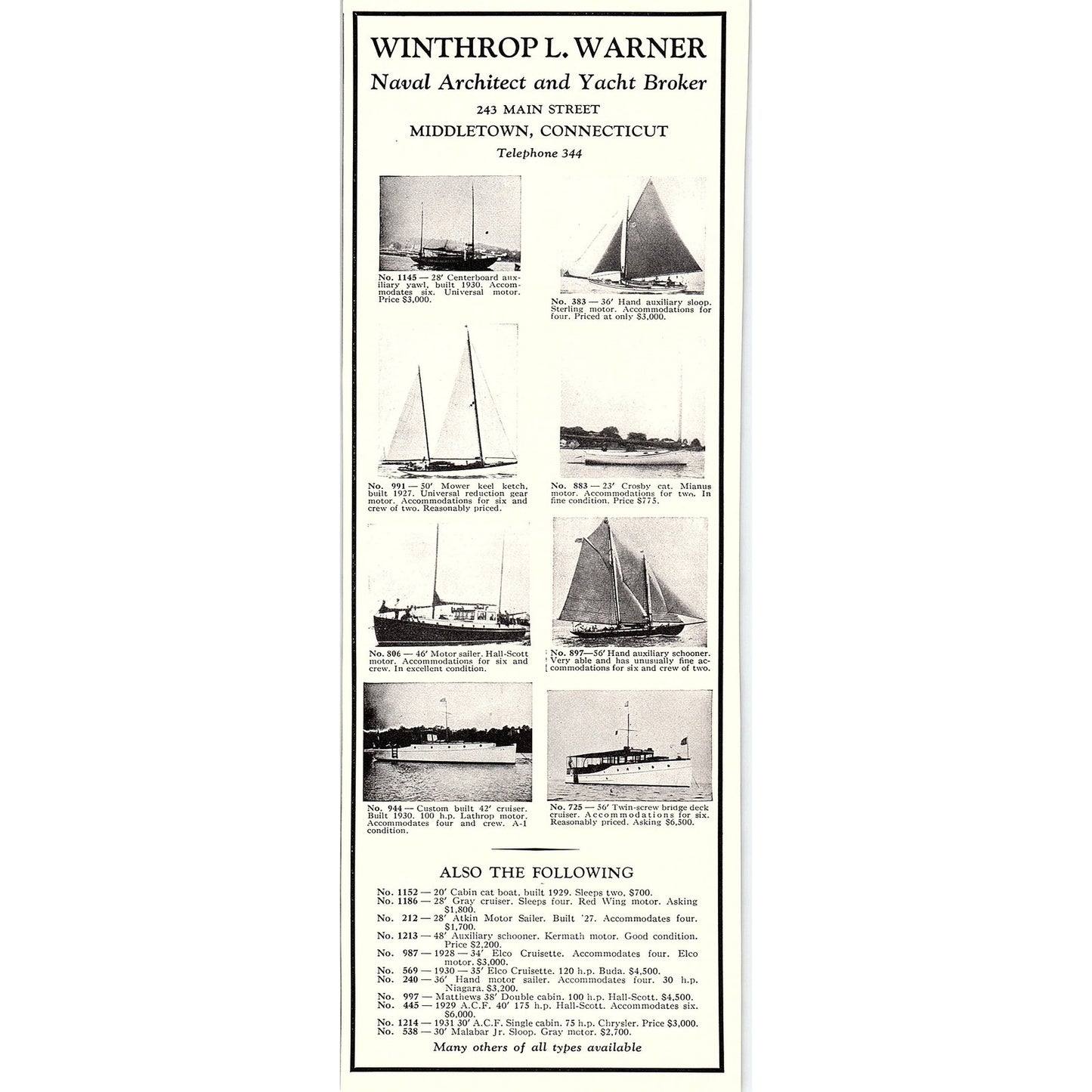 Winthrop L. Warner Naval Architect Yacht Broker Middletown CT 1932 AG2-3