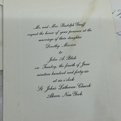 1946 Wedding Invitation Dorothy Marion John A. Blish Akron NY TG9-E1