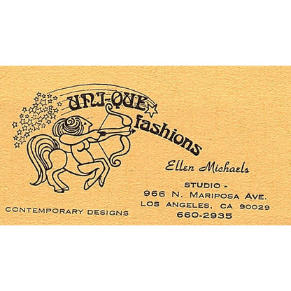 Uni-Que Fashions Ellen Michaels Los Angeles CA Vintage Business Card SE5-B4