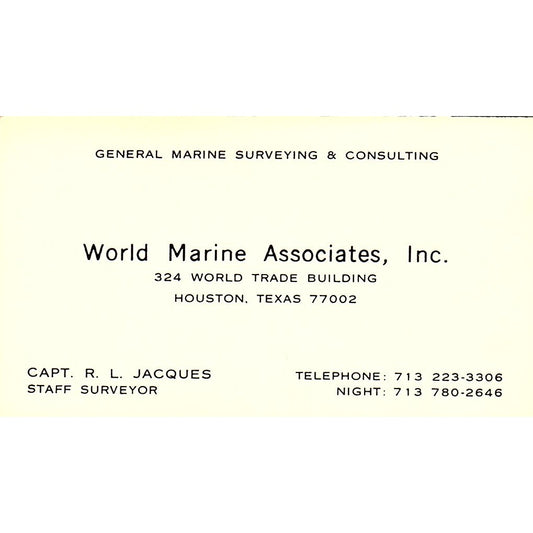 Capt. R.L. Jacques World Marine Assoc Inc Houston Vintage Business Card SD9-B7