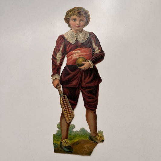 Boy Holding Tennis Racket and Ball  3x9" Antique Victorian Die Cut Scrap AJ9-1