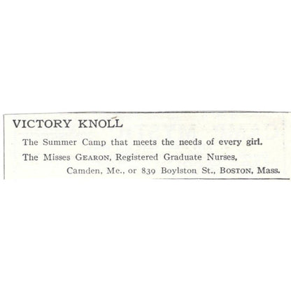 Victory Knoll Camp Miss Gearon Camden ME c1918 Original Advertisement AE5-SA10
