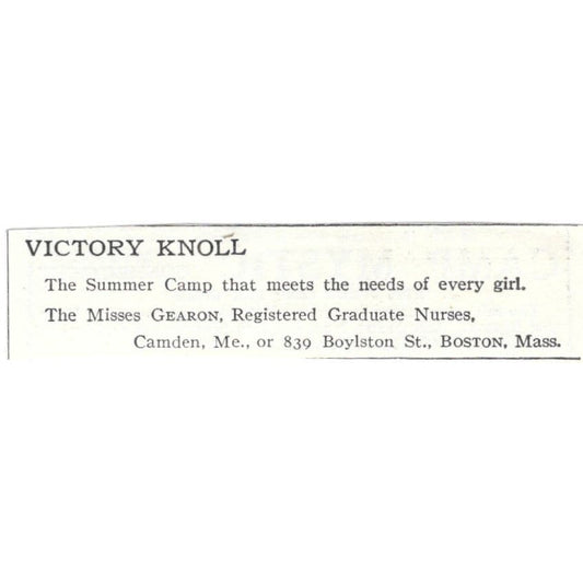 Victory Knoll Camp Miss Gearon Camden ME c1918 Original Advertisement AE5-SA10