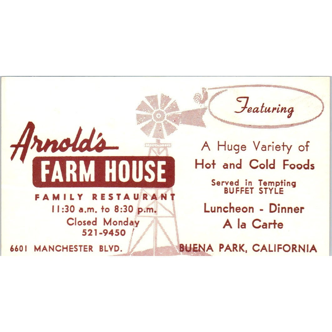 Arnold's Farm House Restaurant Buena Park CA Vintage Business Card SD8-B7