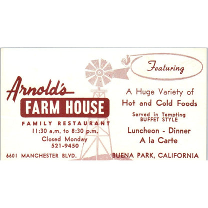 Arnold's Farm House Restaurant Buena Park CA Vintage Business Card SD8-B7