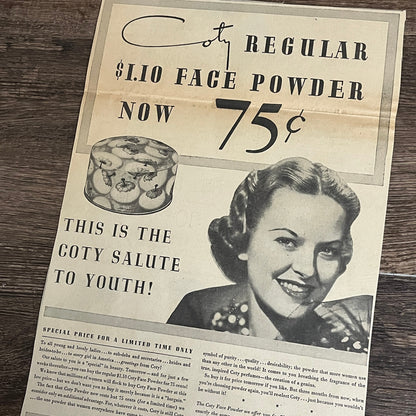 Coty Regular Face Powder - The Coty Salute to Youth 1935 Newspaper Ad V1-9