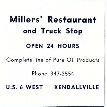 Millers' Restaurant & Truck Stop US 6 West Kendallville Indiana 1964 Ad AG1-S14